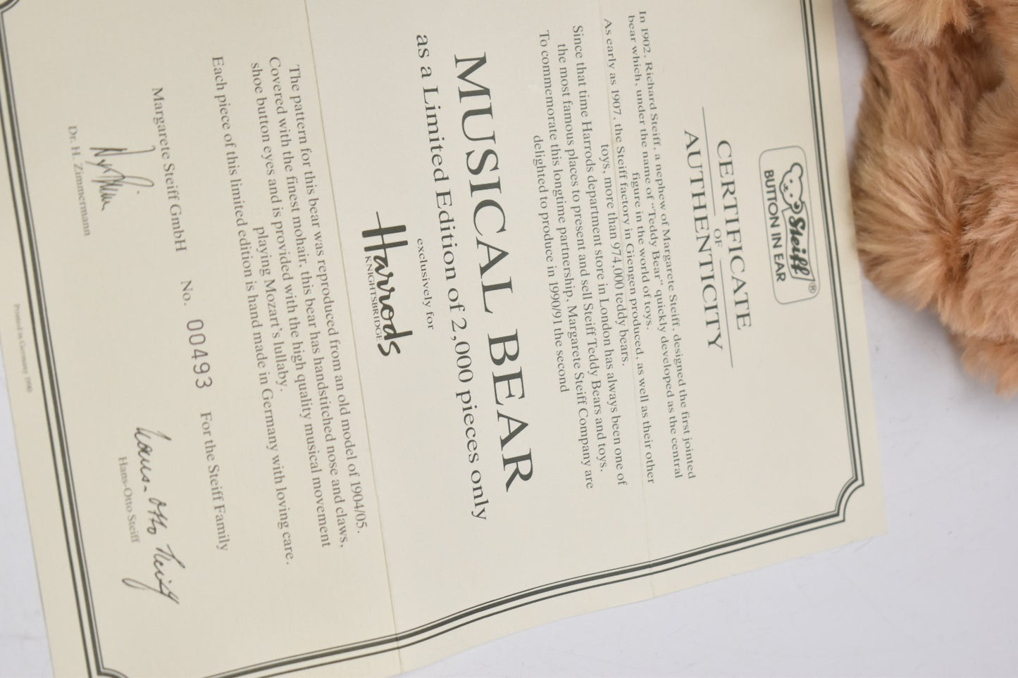 Steiff Harrods 1905 Replica Musical Bear 650369 – 1990 Limited Edition