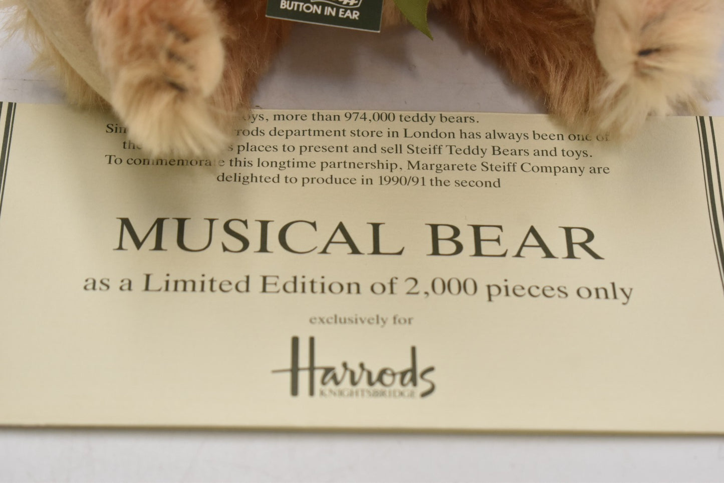 Steiff Harrods 1905 Replica Musical Bear 650369 – 1990 Limited Edition