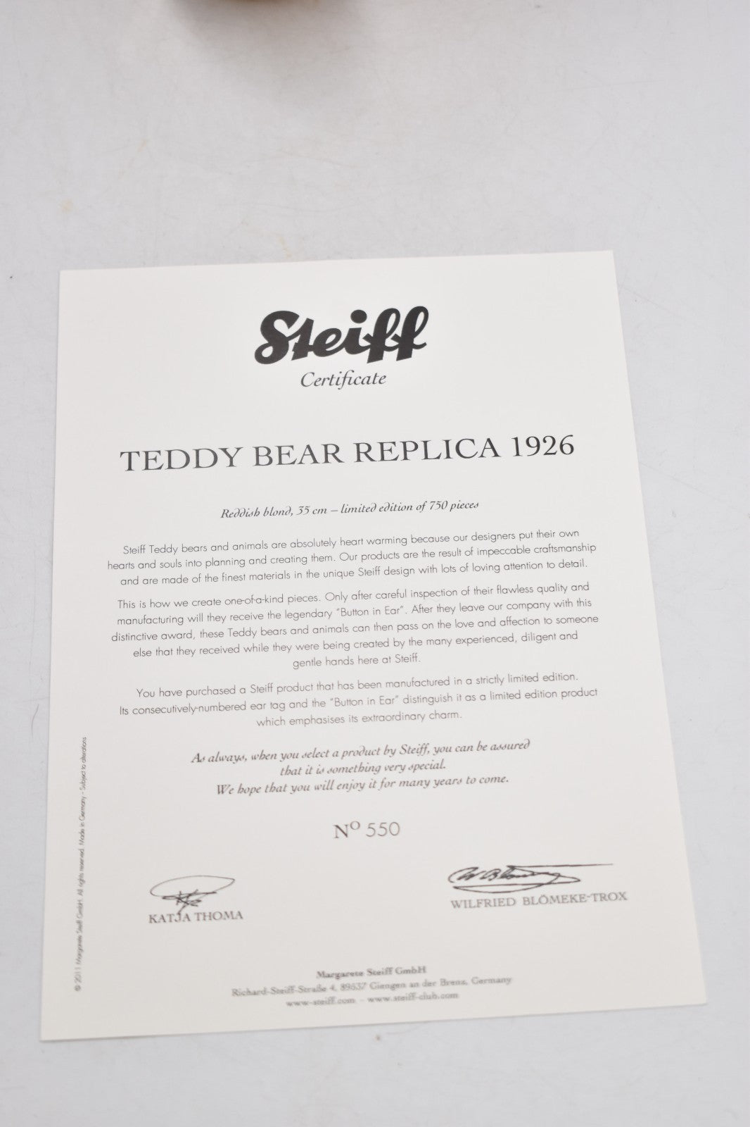 Steiff Teddy Bear 1926 Replica Growler – 403057 – Limited Edition #550/750
