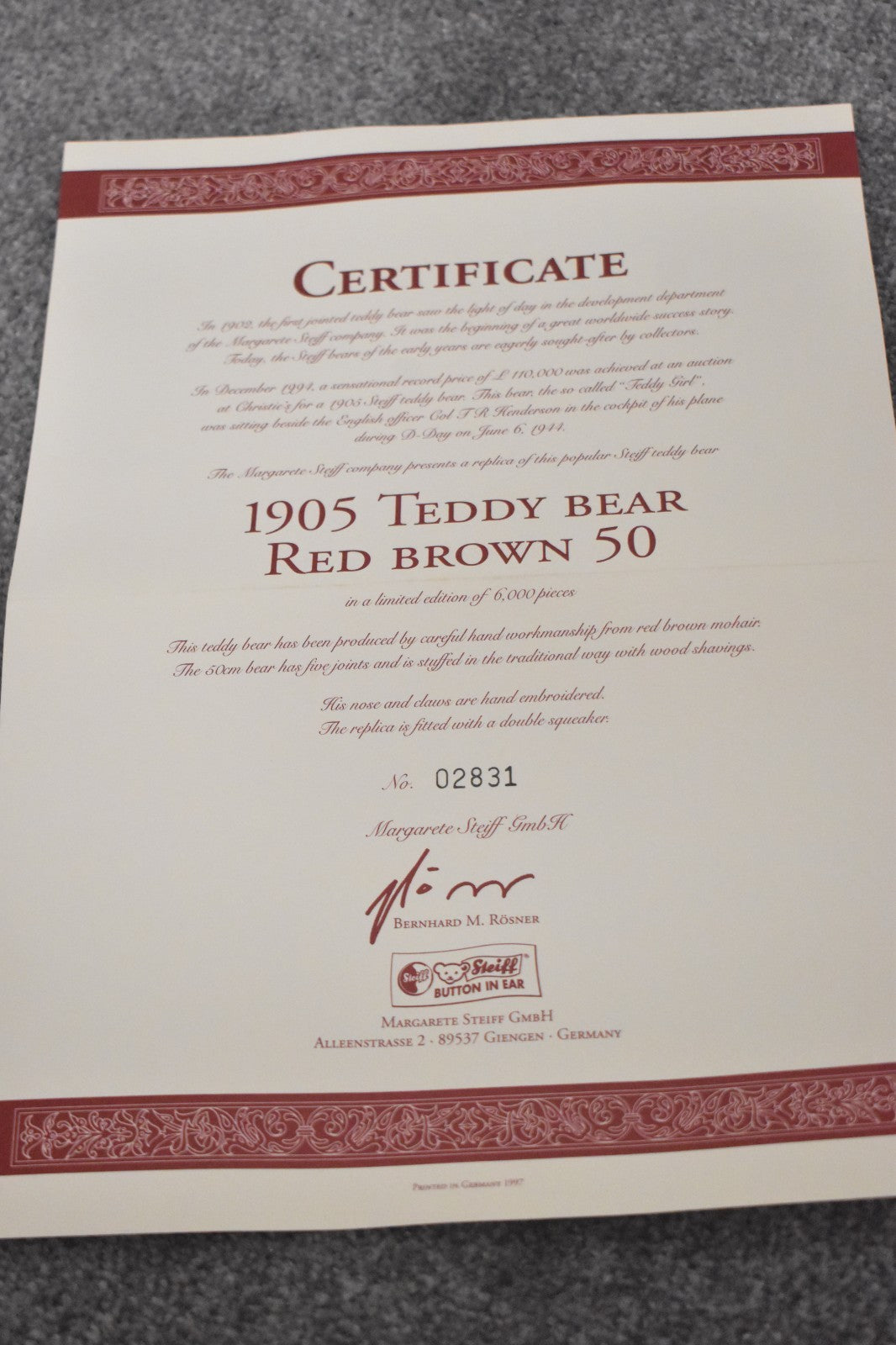Steiff Teddy Girl Bear Replica 1905 404306 Limited Edition