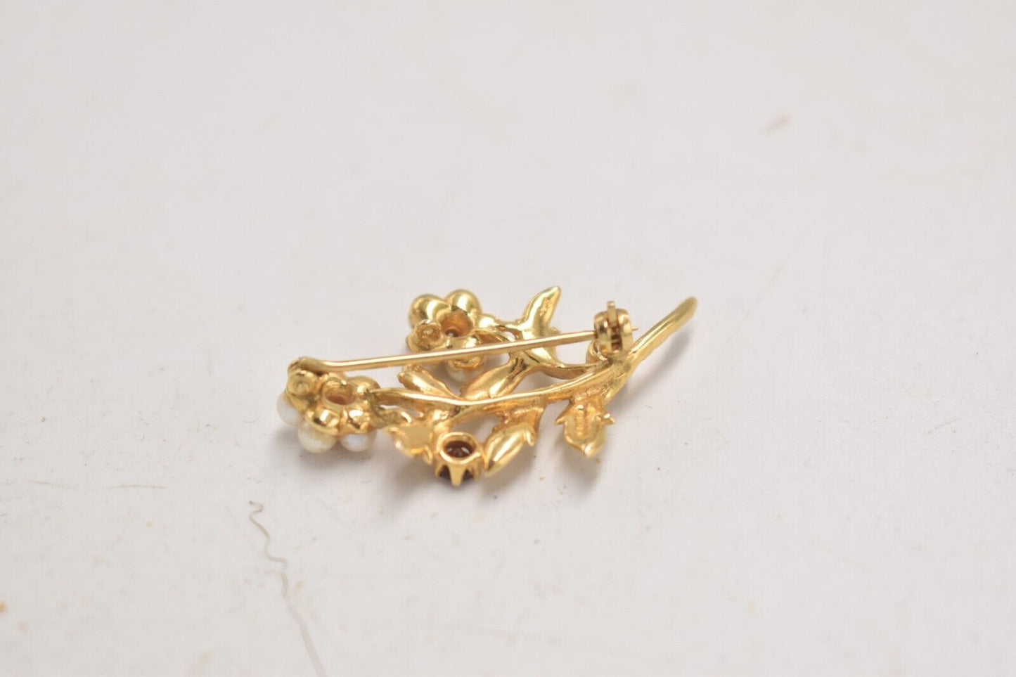 Vintage 9ct Gold Ruby and Pearl Botanical Flowers Brooch – 5g