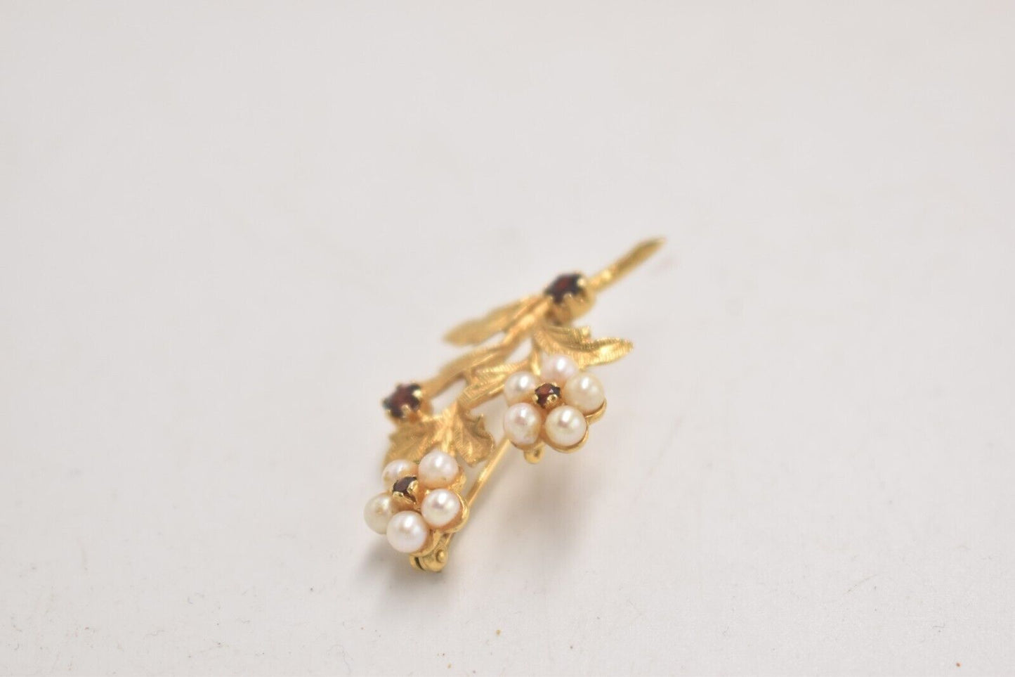 Vintage 9ct Gold Ruby and Pearl Botanical Flowers Brooch – 5g