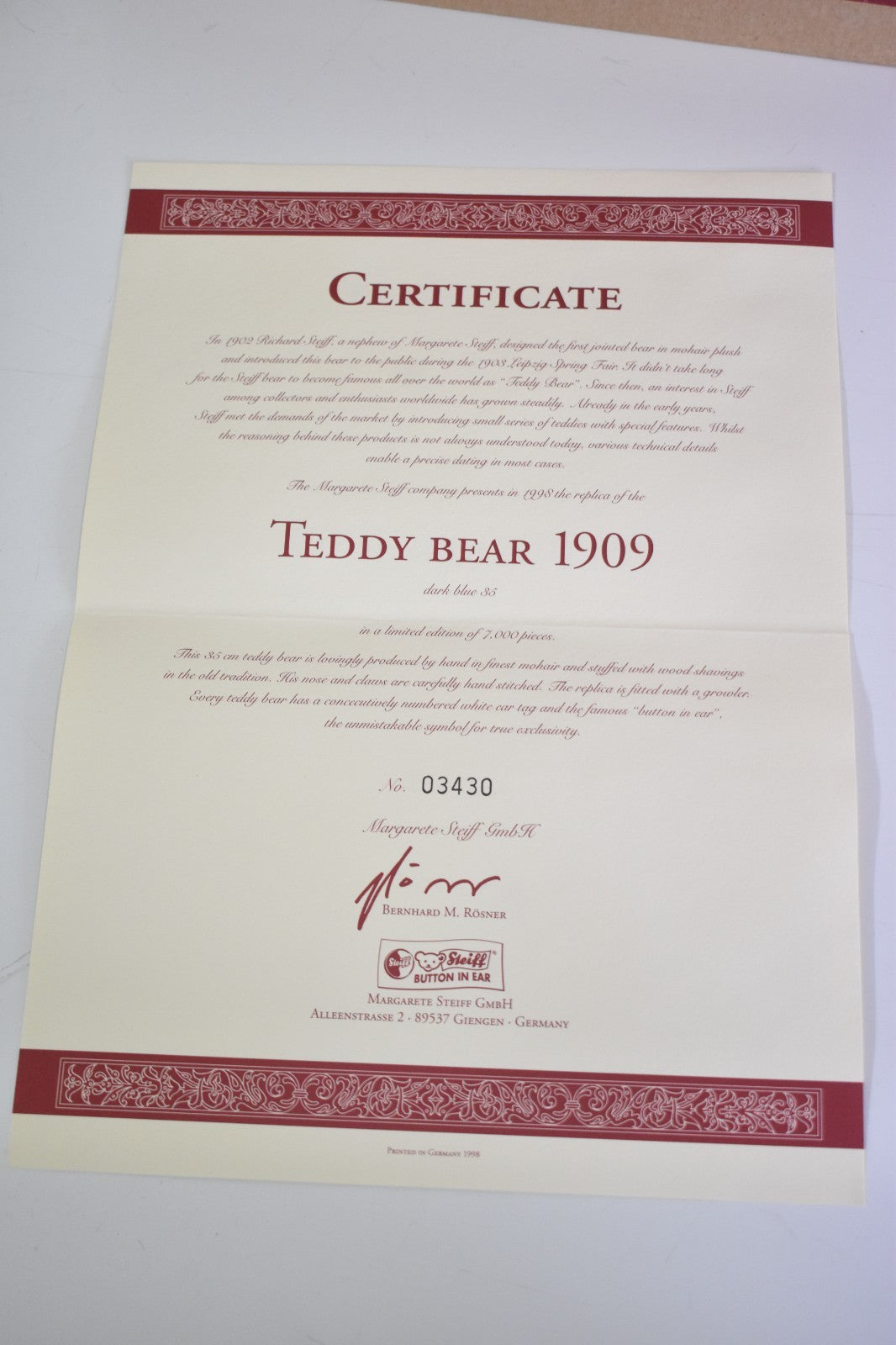Steiff Dark Blue 1909 Replica Bear – 406508 – Limited Edition – Mohair