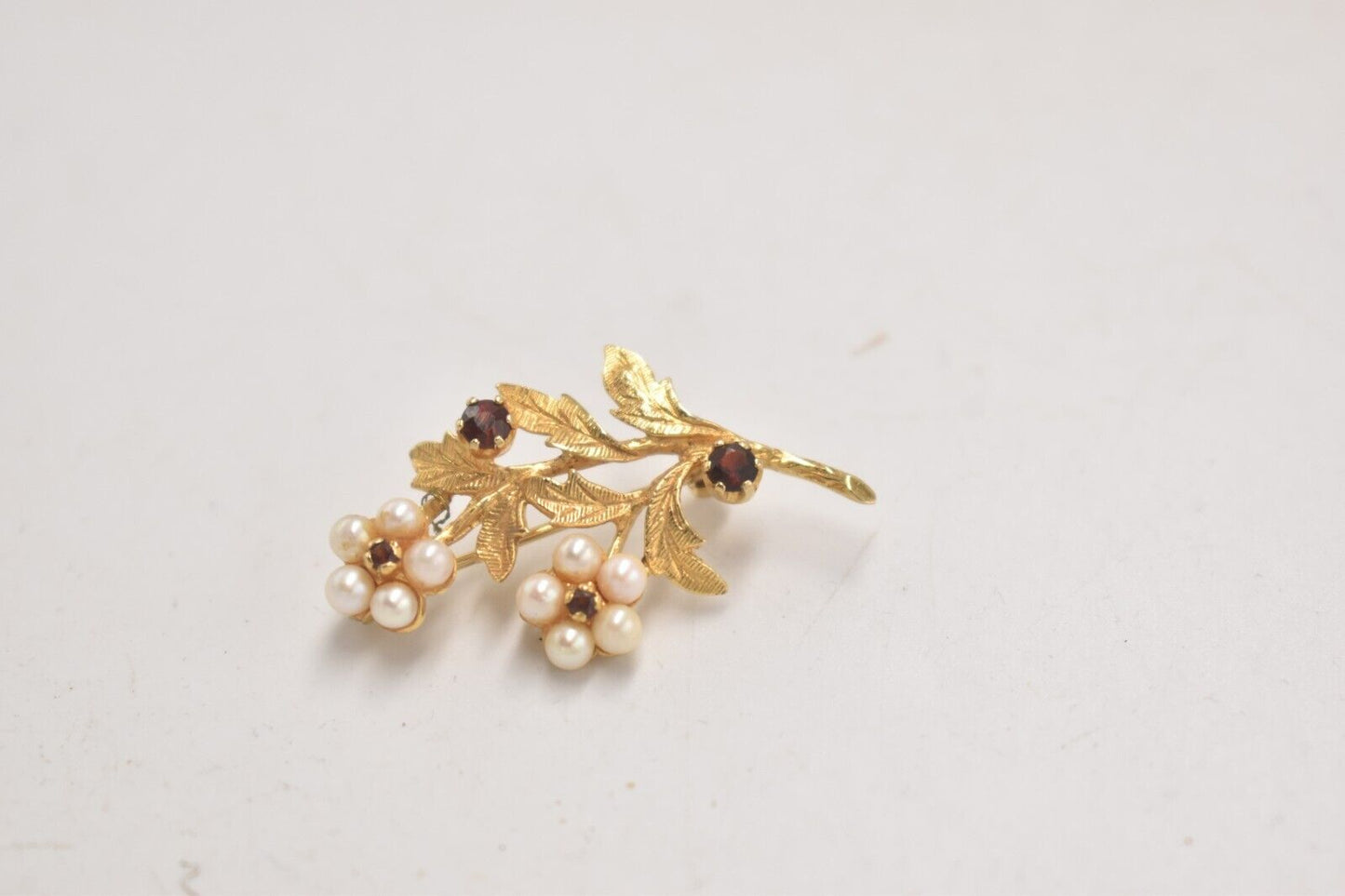 Vintage 9ct Gold Ruby and Pearl Botanical Flowers Brooch – 5g