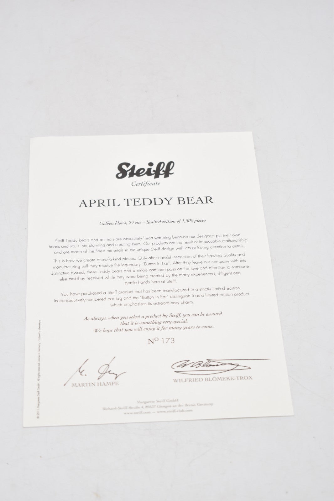 Steiff April Teddy Bear – 036873 – Limited Edition #173/1500 – Mohair