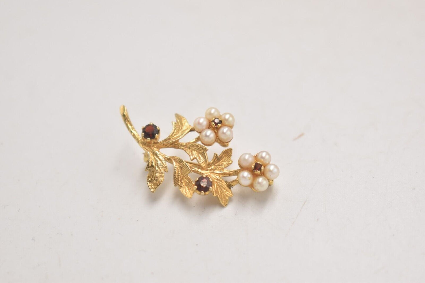 Vintage 9ct Gold Ruby and Pearl Botanical Flowers Brooch – 5g