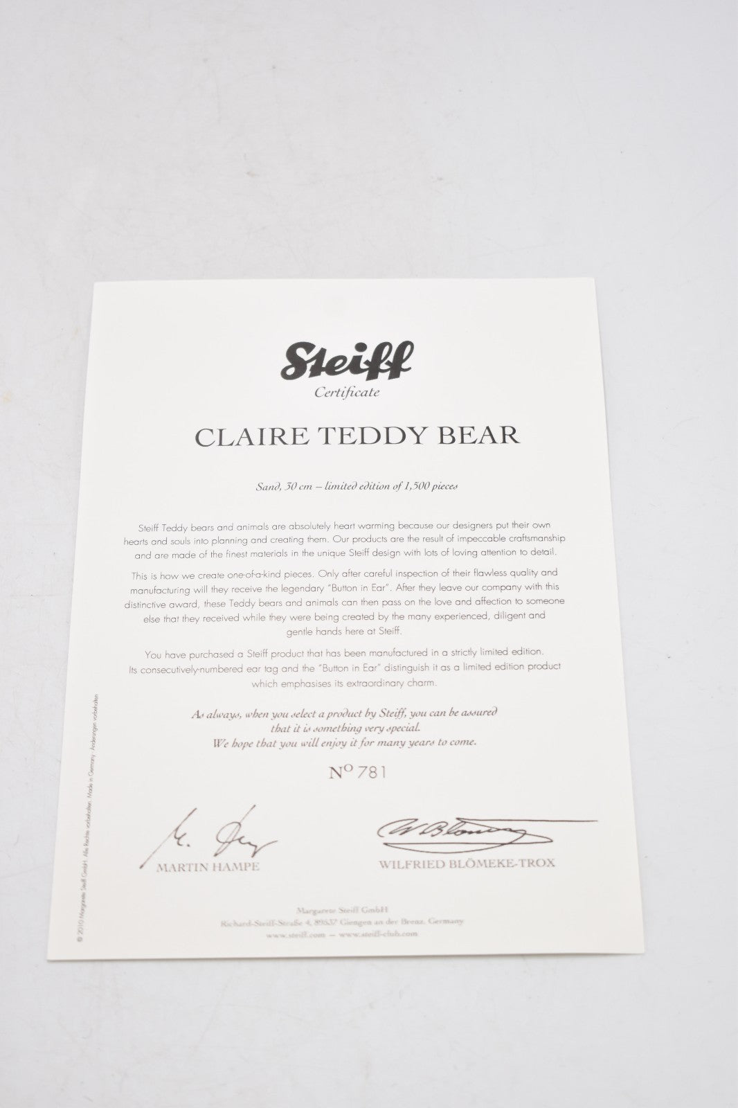 Steiff Claire Teddy Bear – 036712 – Limited Edition #781/1500 – Mohair