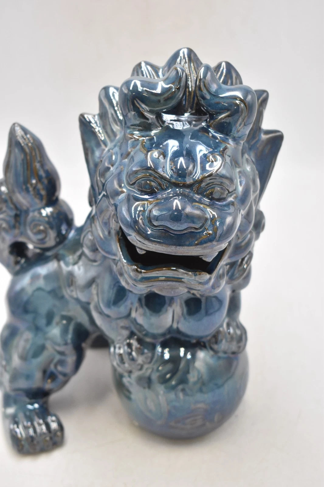 Vintage Chinese Foo Dogs Fu Lions Temple Home Guardians Blue Ceramics 22cm
