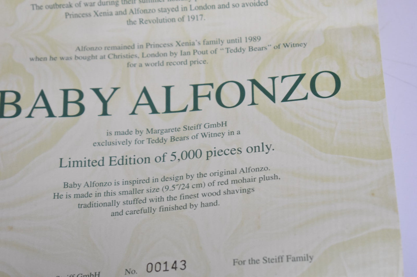 Steiff Baby Alfonzo Teddy Bear – Limited Edition 653773 – Boxed with Certificate