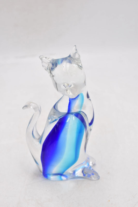 Vintage Murano Sommerso Art Glass Cat Figurine Blue 17cm