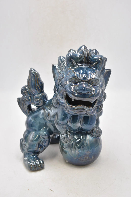 Vintage Chinese Foo Dogs Fu Lions Temple Home Guardians Blue Ceramics 22cm
