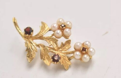 Vintage 9ct Gold Ruby and Pearl Botanical Flowers Brooch – 5g