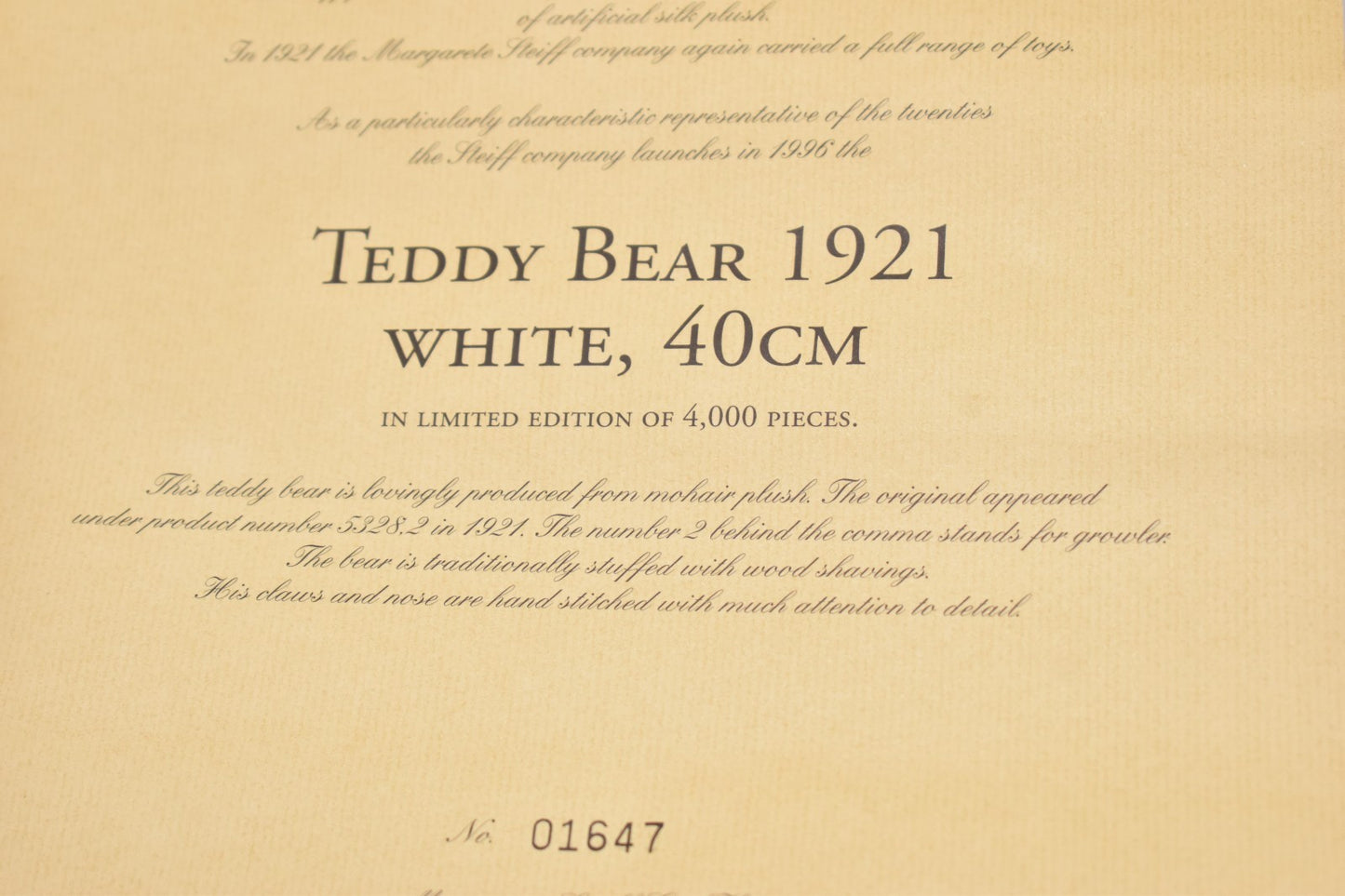 Steiff 1921 Replica Teddy Bear 1996 Limited Edition – 40cm