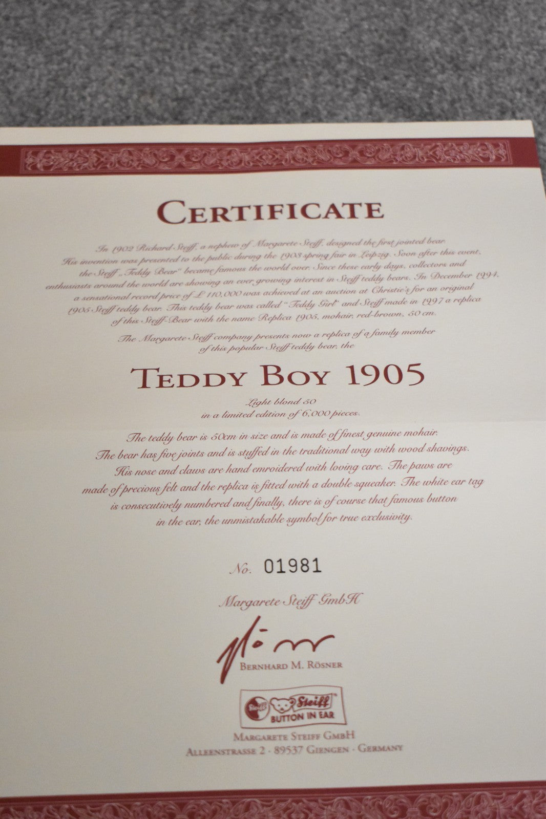 Steiff Teddy Boy Bear Replica 1905 – Limited Edition #1981/6000 – 404320 – Boxed