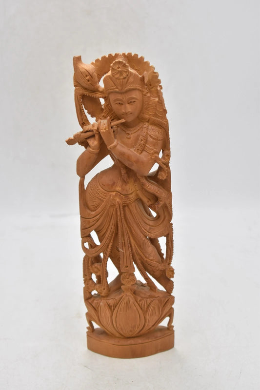 Vintage Hindu Lord Krishna Hand Carved Wooden Statue 25.5cm
