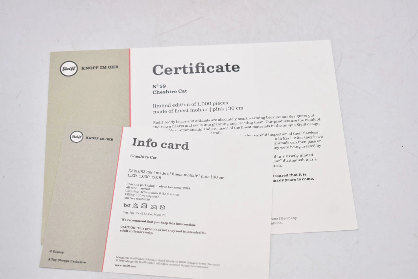 Steiff Disney Cheshire Cat 683286 Limited Edition 59/1000 Mohair Retired Boxed