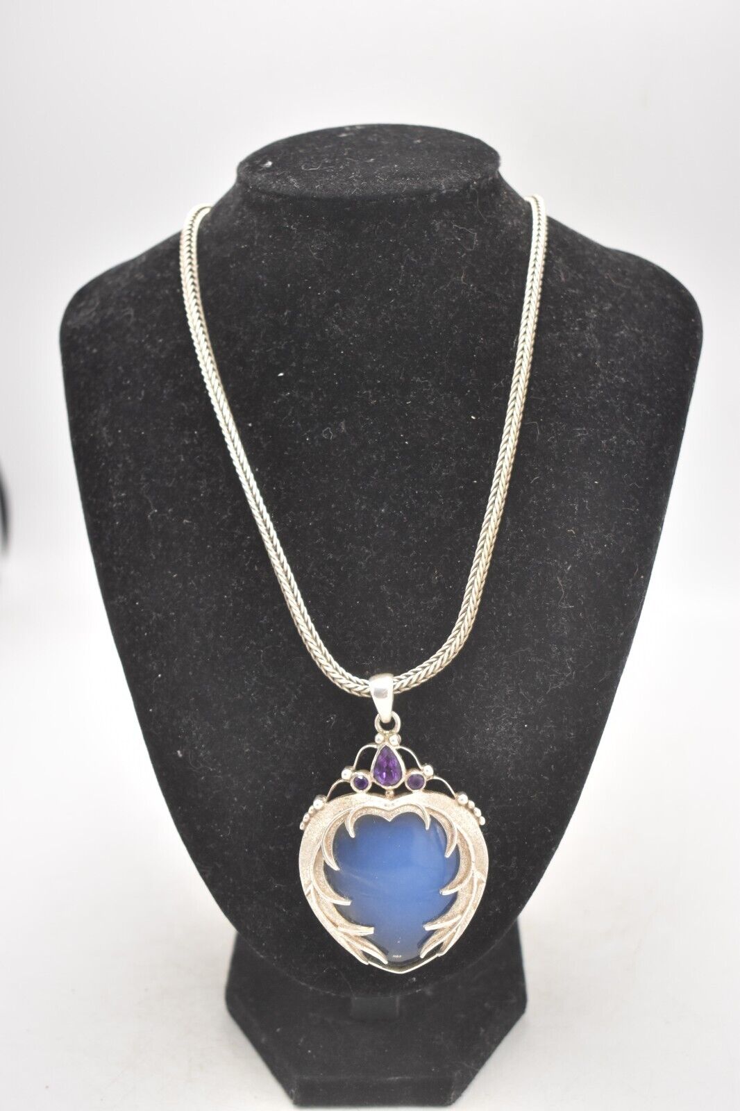 Vintage Art Nouveau Revival Sterling Silver Quartz & Amethyst Pendant Necklace