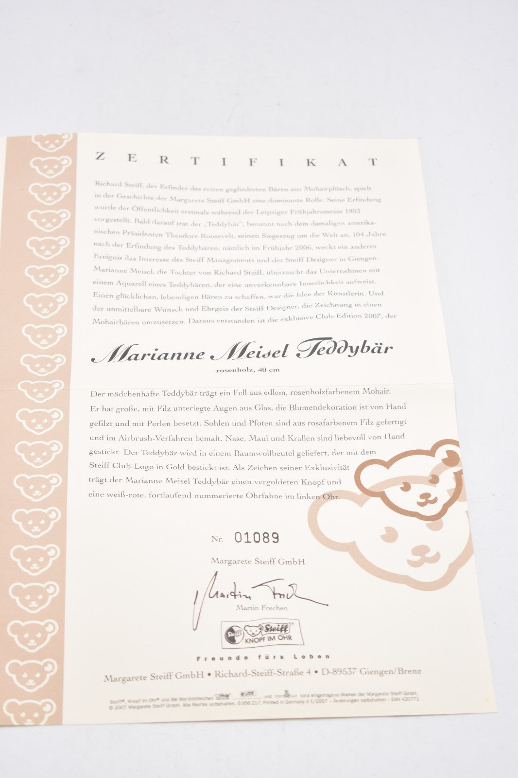Steiff The Marianne Meisel Teddy Bear 420771 – Limited Edition 1089