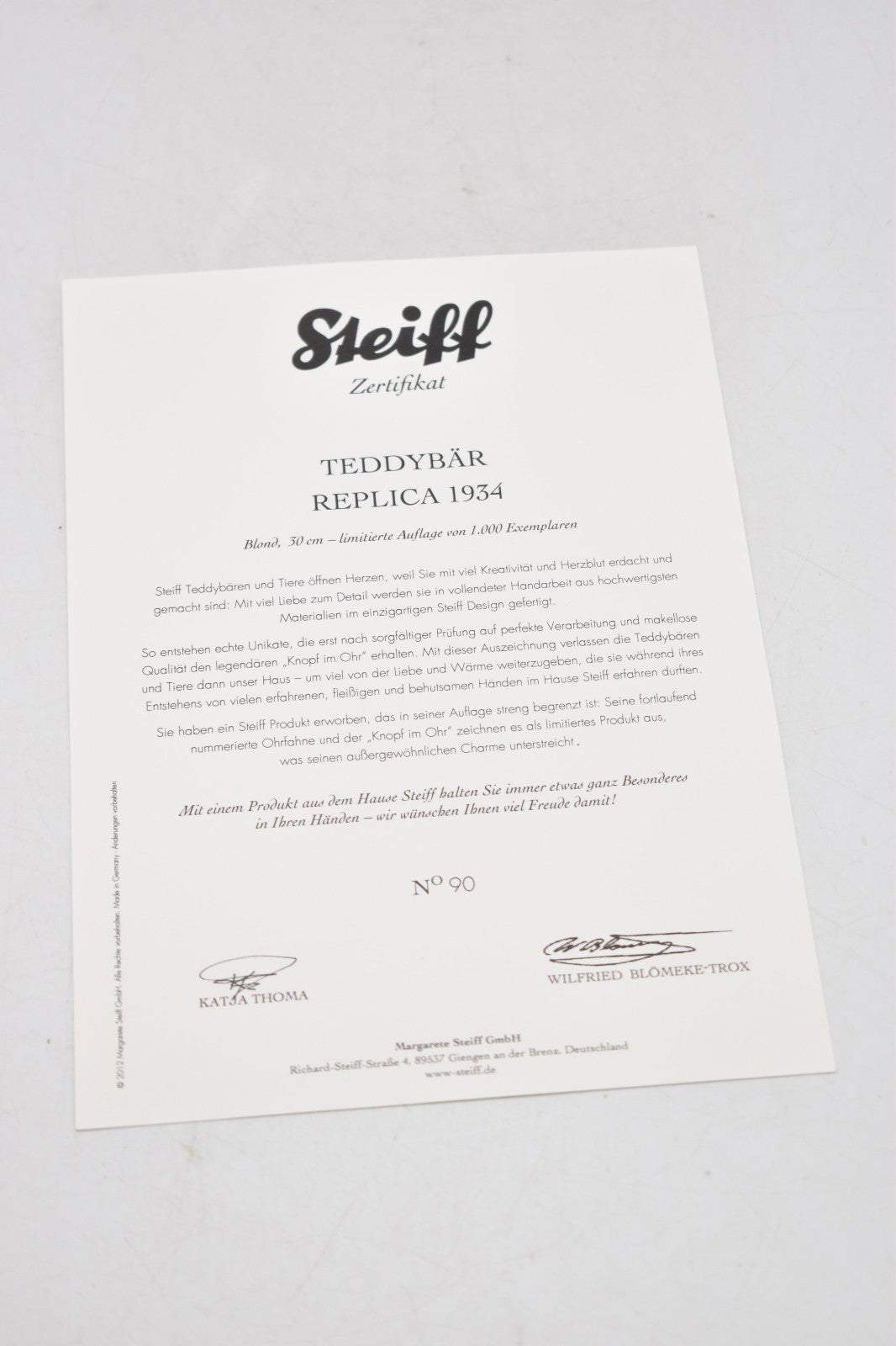 Steiff 2012 Teddy Bear Replica 1934 – 402999 – Limited Edition #90/1000 – Mohair