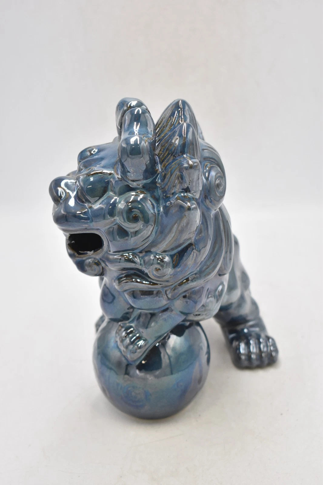 Vintage Chinese Foo Dogs Fu Lions Temple Home Guardians Blue Ceramics 22cm