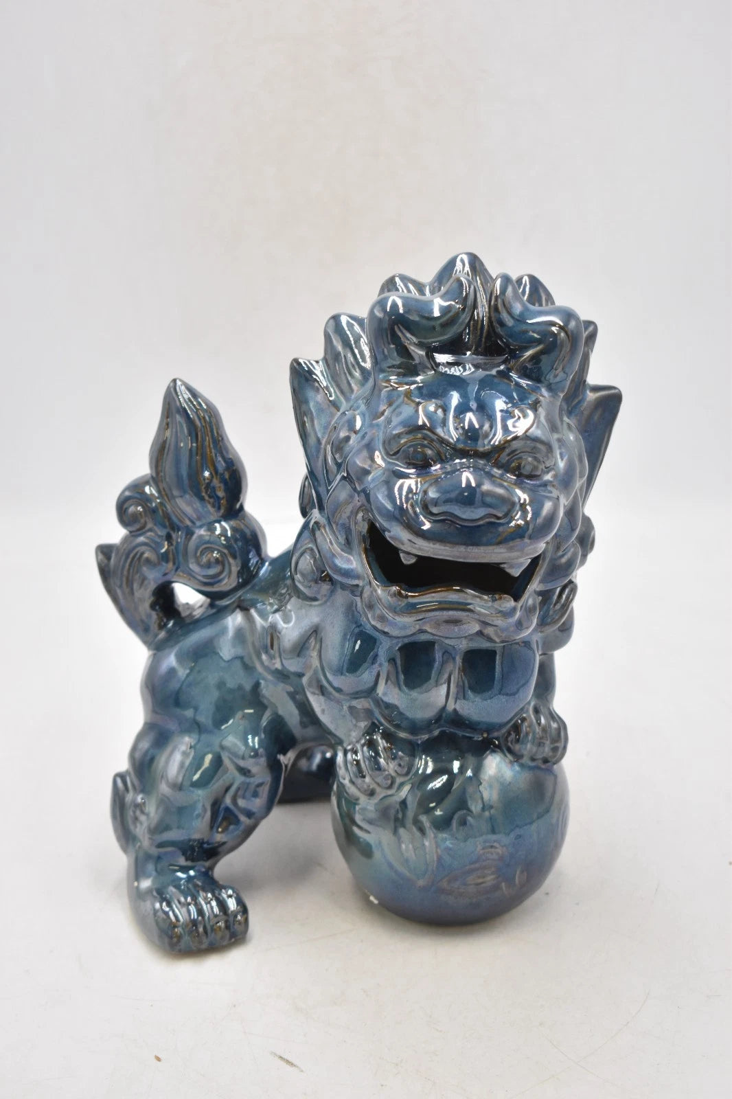 Vintage Chinese Foo Dogs Fu Lions Temple Home Guardians Blue Ceramics 22cm