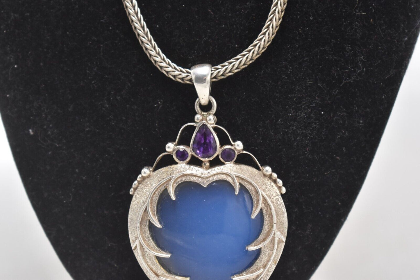 Vintage Art Nouveau Revival Sterling Silver Quartz & Amethyst Pendant Necklace