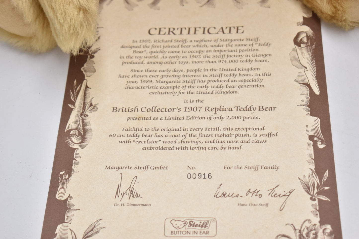 Steiff British Collector’s 1907 Replica Teddy Bear 0174/61 60cm 406102