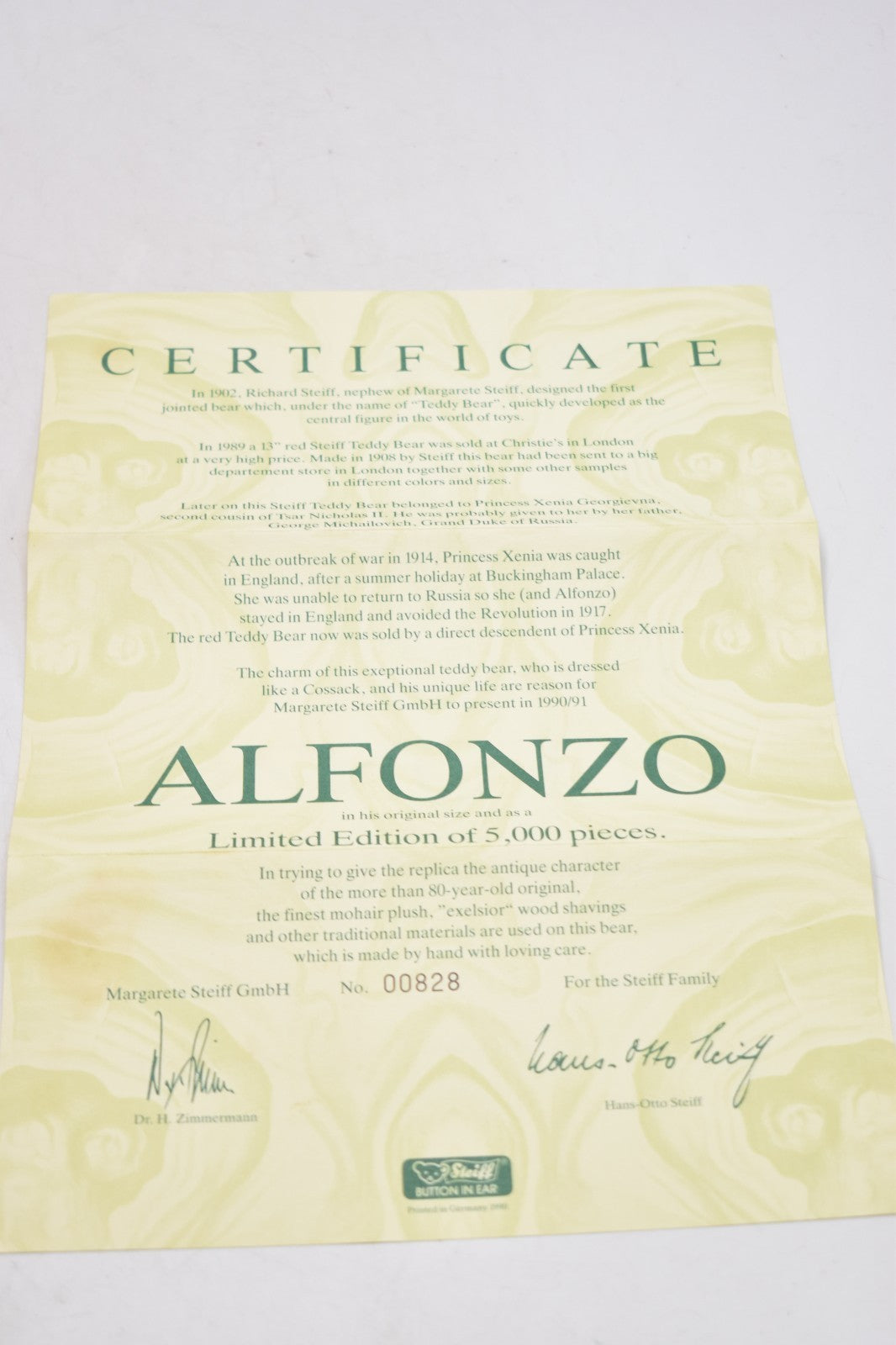 Steiff Alfonzo Teddy Bear – Limited Edition 406195– Boxed with Certificate