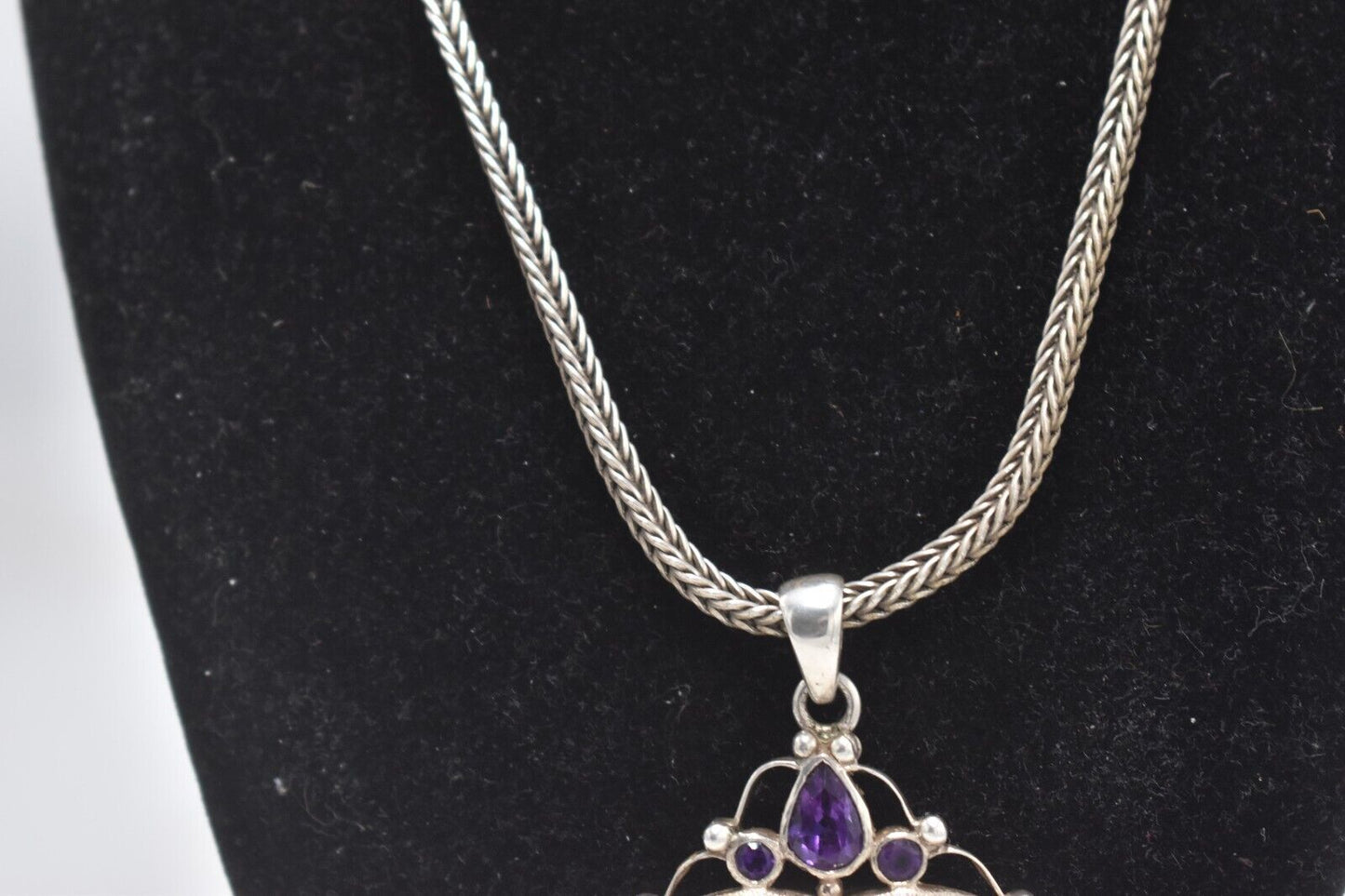 Vintage Art Nouveau Revival Sterling Silver Quartz & Amethyst Pendant Necklace
