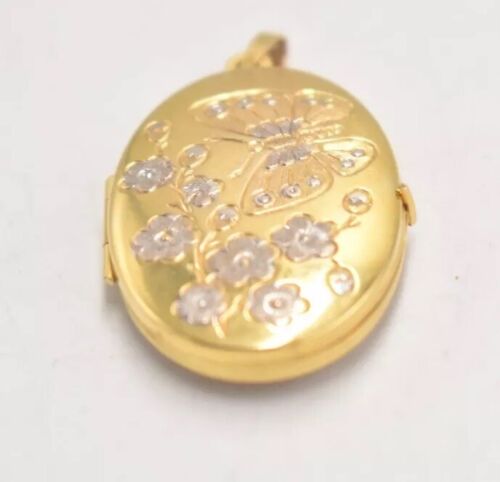 Vintage 9ct Gold Butterfly Engraved Oval Locket Necklace Pendant – 4.9g