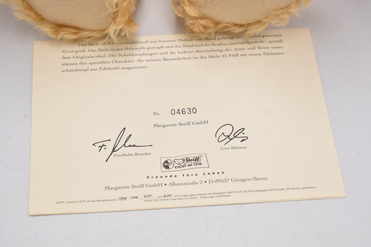 Steiff Baerle 43 PAB 1904 Replica Teddy Bear Mohair 404153