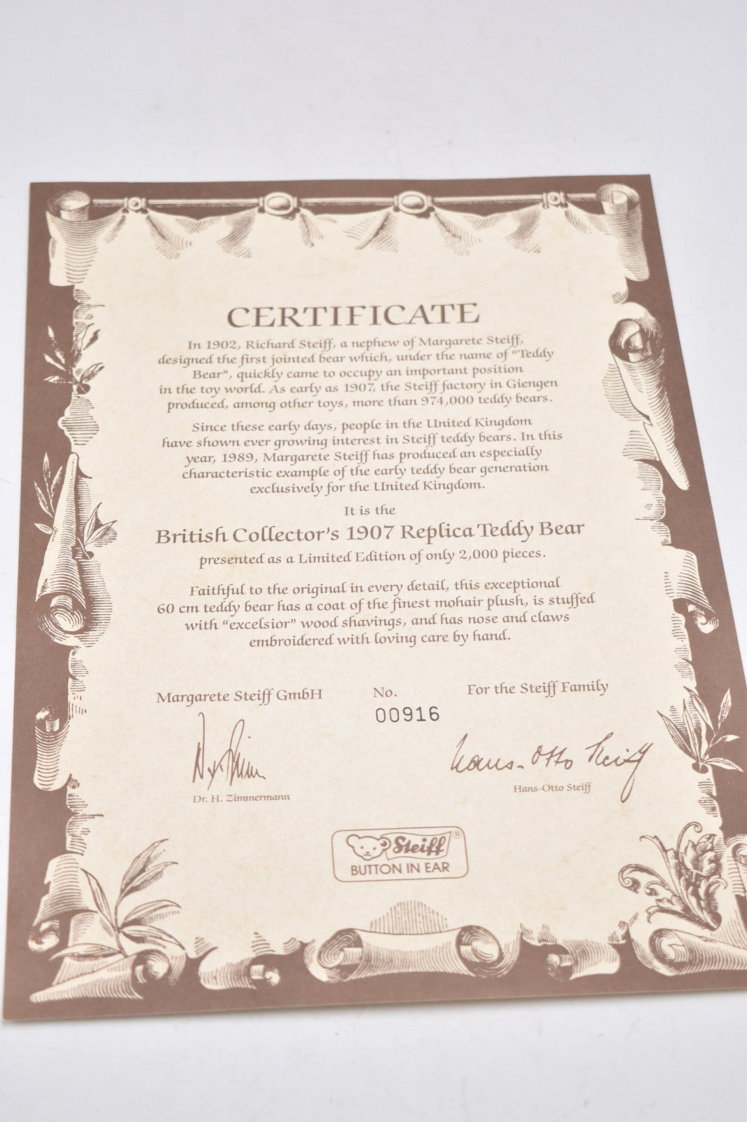 Steiff British Collector’s 1907 Replica Teddy Bear 0174/61 60cm 406102